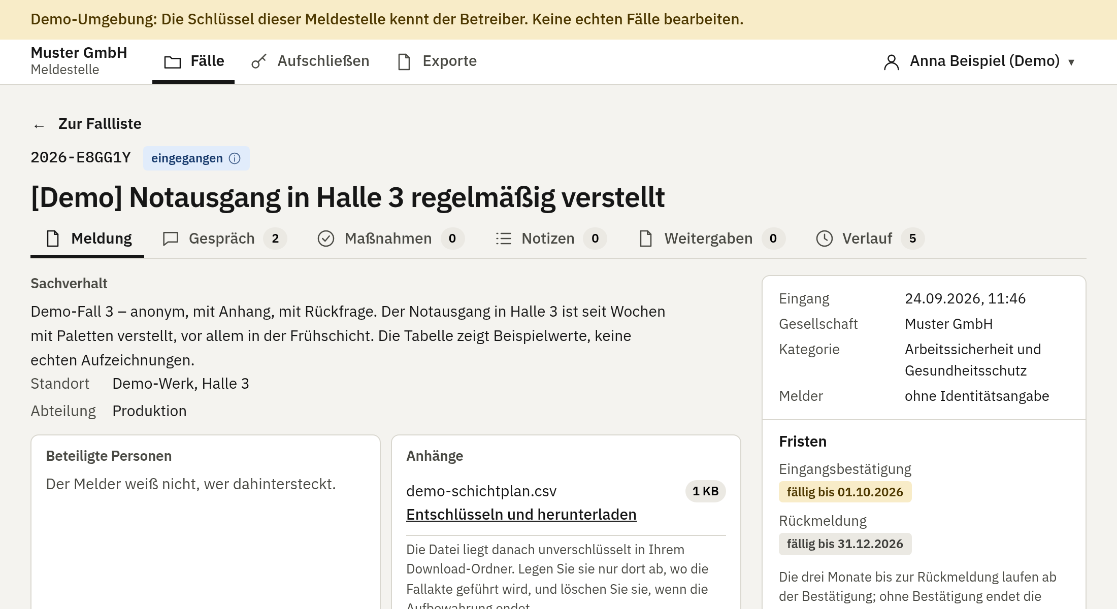 Fallakte in der Meldestelle: Sachverhalt, Standort, beteiligte Personen, Anhang und die beiden gesetzlichen Fristen eines Beispielfalls.