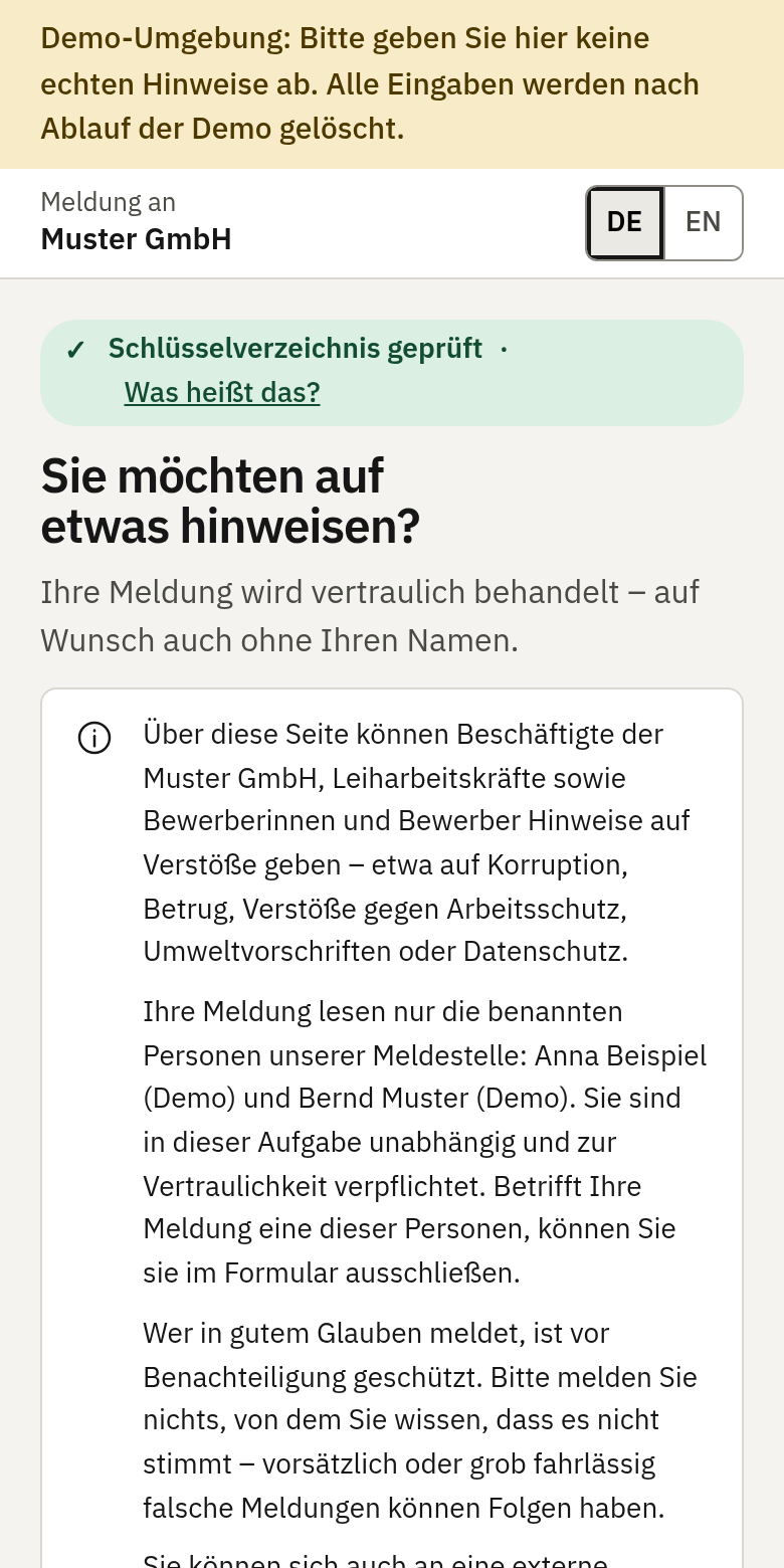 Meldeseite auf dem Handy: geprüftes Schlüsselverzeichnis, Einleitung und wer die Meldung liest.